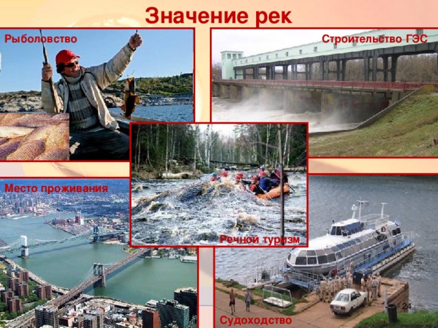 Значение рек Рыболовство Строительство ГЭС Место проживания Место проживания Речной туризм 23 Судоходство