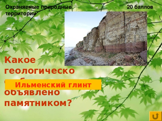 2 0 баллов Охраняемые природные территории Какое геологическое обнажение объявлено памятником? Ильменский глинт