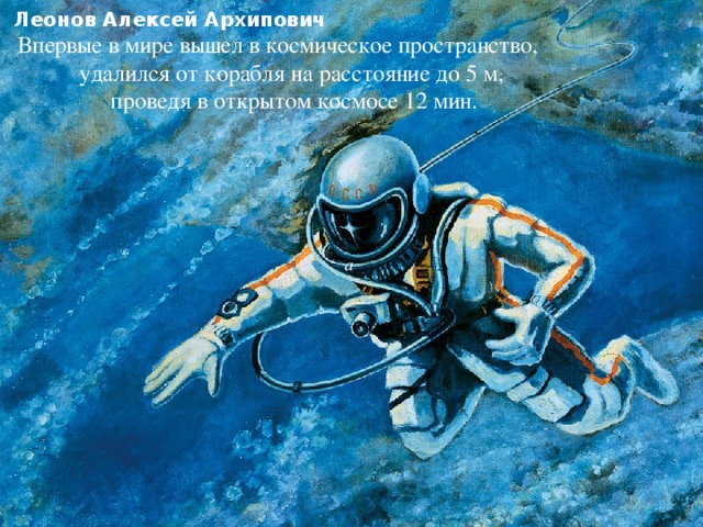 Леонов Алексей Архипович Впервые в мире вышел в космическое пространство,  удалился от корабля на расстояние до 5 м,  проведя в открытом космосе 12 мин.   а