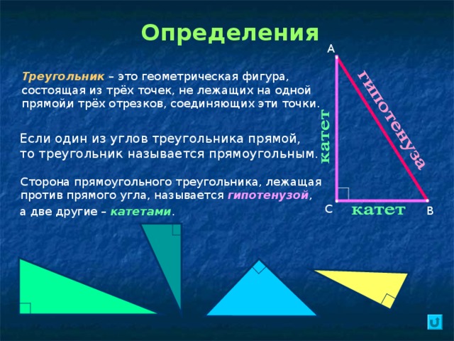 Определения А Треугольник – это геометрическая фигура, состоящая из трёх точек, не лежащих на одной прямой, и трёх отрезков, соединяющих эти точки. Если один из углов треугольника прямой, то треугольник называется прямоугольным. Сторона прямоугольного треугольника, лежащая против прямого угла, называется гипотенузой , С В а две другие – катетами .