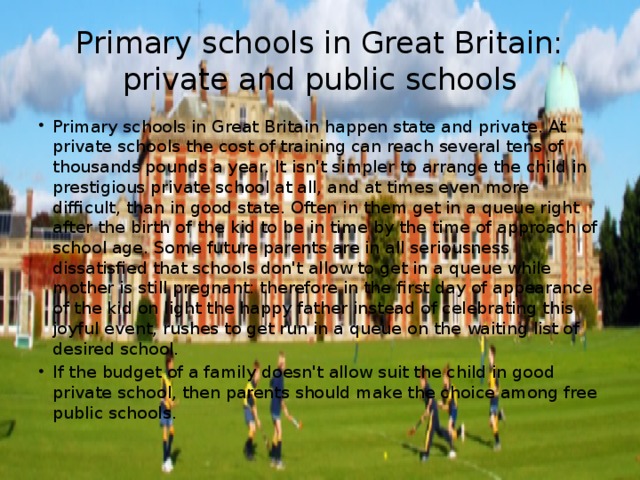 Primary schools in Great Britain: private and public schools