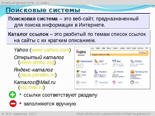 Поисковые системы Поисковая система – это веб-сайт, предназначенный для поиска информации в Интернете. Каталог ссылок – это разбитый по темам список ссылок на сайты с их кратким описанием. Yahoo ( www . yahoo . com ) Открытый каталог   ( www . dmoz . org ) Яндекс-каталог   ( yaca . yandex . ru ) Каталог@ Mail . ru   ( list . mail . ru ) ссылки соответствуют разделу заполняются вручную