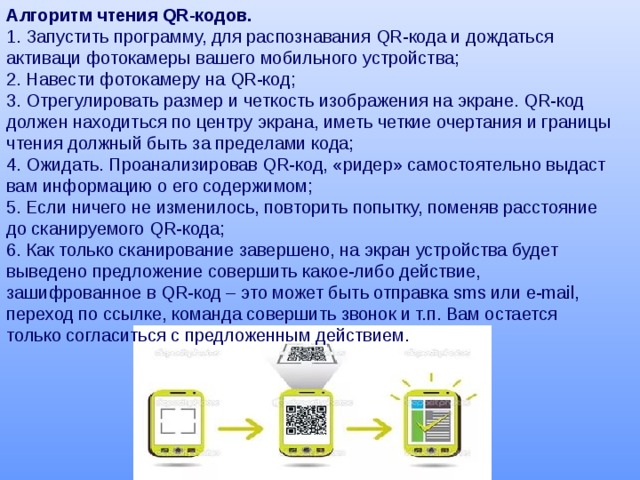 Алгоритм чтения QR-кодов.  1. Запустить программу, для распознавания QR-кода и дождаться активаци фотокамеры вашего мобильного устройства;  2. Навести фотокамеру на QR-код;  3. Отрегулировать размер и четкость изображения на экране. QR-код  должен находиться по центру экрана, иметь четкие очертания и границы  чтения должный быть за пределами кода;  4. Ожидать. Проанализировав QR-код, «ридер» самостоятельно выдаст вам информацию о его содержимом;  5. Если ничего не изменилось, повторить попытку, поменяв расстояние до сканируемого QR-кода;  6. Как только сканирование завершено, на экран устройства будет выведено предложение совершить какое-либо действие, зашифрованное в QR-код – это может быть отправка sms или e-mail, переход по ссылке, команда совершить звонок и т.п. Вам остается только согласиться с предложенным действием.
