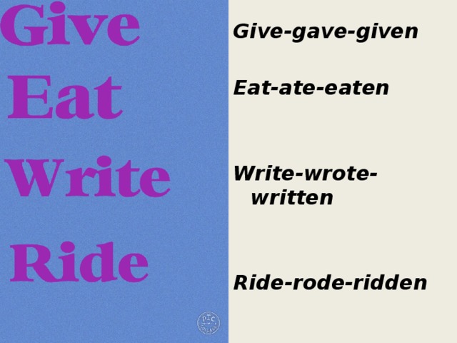 Give-gave-given  Eat-ate-eaten   Write-wrote-written   Ride-rode-ridden