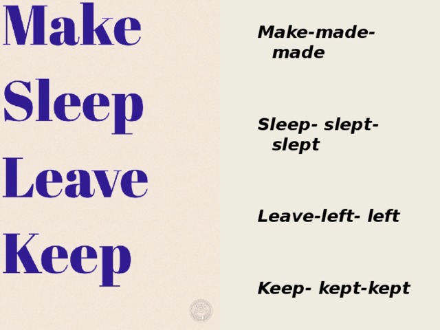 Make-made-made   Sleep- slept- slept   Leave-left- left   Keep- kept-kept