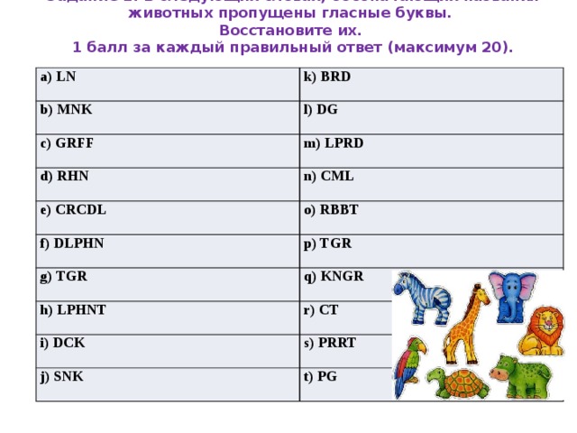 Задание 1. В следующих словах, обозначающих названия животных пропущены гласные буквы.  Восстановите их.  1 балл за каждый правильный ответ (максимум 20).   a) LN k) BRD b) MNK l) DG c) GRFF m) LPRD d) RHN n) CML e) CRCDL f) DLPHN o) RBBT p) TGR g) TGR q) KNGR h) LPHNT r) CT i) DCK s) PRRT j) SNK t) PG