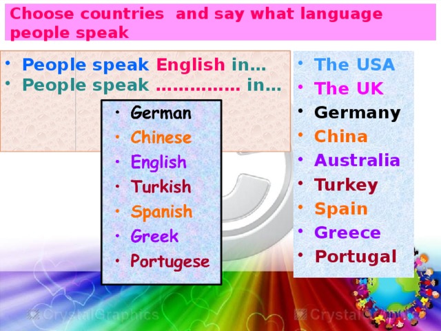 Choose countries and say what language people speak