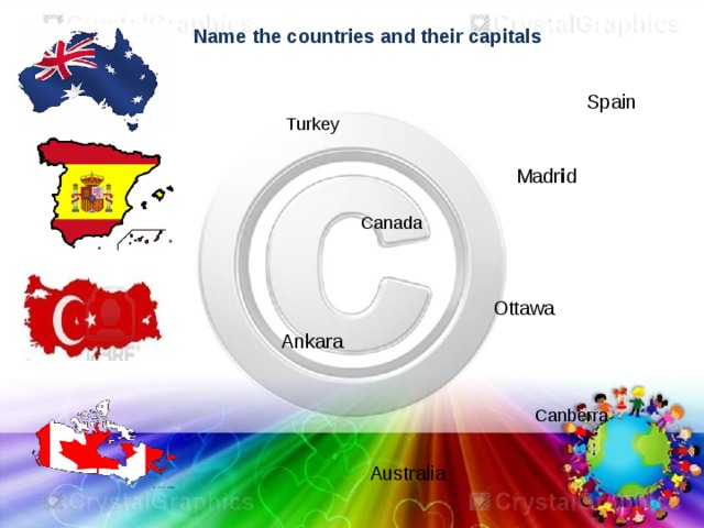 Name the countries and their capitals Spain Turkey Madr i d Canada Ottawa Ankara Canberra Australia