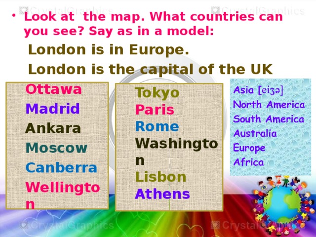 Look at the map. What countries can you see? Say as in a model: London is in Europe. London is the capital of the UK   Ottawa Madrid Ankara Moscow Canberra Wellington Tokyo Paris Rome Washington Lisbon Athens