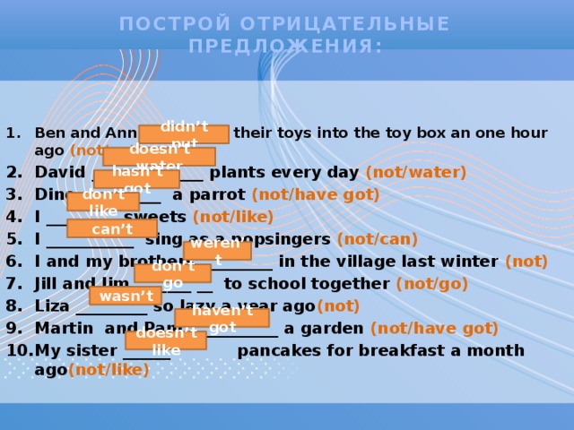 Построй отрицательные предложения: Ben and Ann ____________ their toys into the toy box an one hour ago (not/put) David ______________ plants every day (not/water) Dino __________ a parrot (not/have got) I _________ sweets (not/like) I ___________ sing as a popsingers (not/can) I and my brothers _________ in the village last winter (not) Jill and Jim _______ __ to school together (not/go) Liza _________ so lazy a year ago (not) Martin and Pam____________ a garden (not/have got) My sister ______ pancakes for breakfast a month ago (not/like) didn’t put doesn’t water hasn’t got don’t like can’t weren’t don’t go wasn’t haven’t got doesn’t like