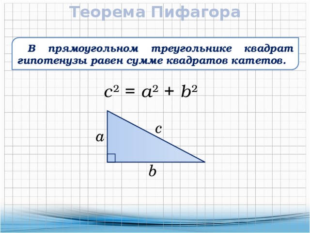 Теорема Пифагора  В прямоугольном треугольнике квадрат гипотенузы равен сумме квадратов катетов. c  2 = a  2 + b  2 c  a b