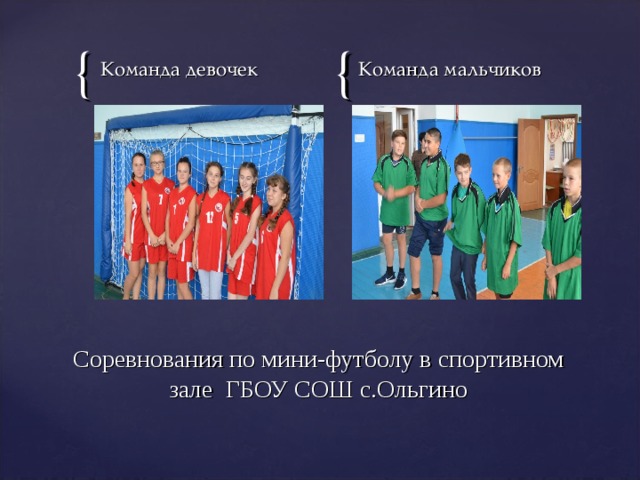 Команда девочек Команда мальчиков Соревнования по мини-футболу в спортивном зале ГБОУ СОШ с.Ольгино