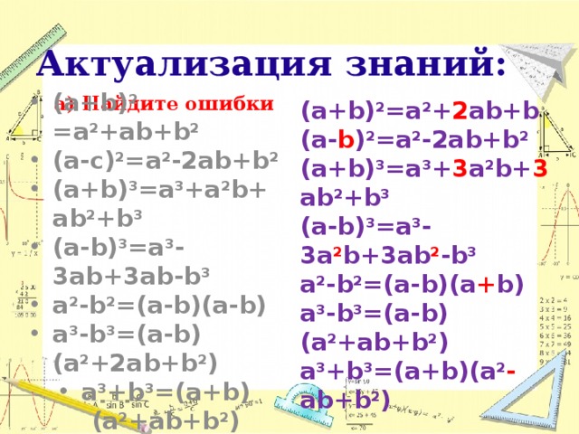 Актуализация знаний:   а) Найдите ошибки  (а+b) 2 =а 2 + 2 аb+b (а- b ) 2 =а 2 -2аb+b 2 (а+b) 3 =а 3 + 3 а 2 b+ 3 аb 2 +b 3  (а-b) 3 =а 3 -3а 2 b+3аb 2 -b 3 а 2 -b 2 =(а-b)(а + b) а 3 -b 3 =(a-b)(a 2 +ab+b 2 ) а 3 +b 3 =(a+b)(a 2 - ab+b 2 )  (а+b) 2 =а 2 +аb+b 2 (а-с) 2 =а 2 -2аb+b 2 (а+b) 3 =а 3 +а 2 b+аb 2 +b 3 (а-b) 3 =а 3 -3аb+3аb-b 3 а 2 -b 2 =(а-b)(а-b) а 3 -b 3 =(a-b)(a 2 +2ab+b 2 ) а 3 +b 3 =(a+b)(a 2 +ab+b 2 )
