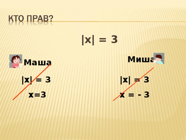 |x| = 3  |x| = 3  |x| = 3  |x| = 3  |x| = 3 Миша Маша  |x| = 3  х=3 |x| = 3 х = - 3