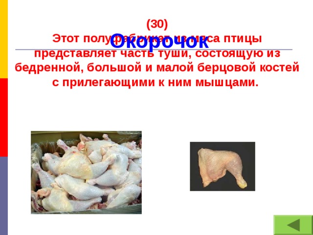 (30) Этот полуфабрикат из мяса птицы представляет часть туши, состоящую из бедренной, большой и малой берцовой костей с прилегающими к ним мышцами. Окорочок