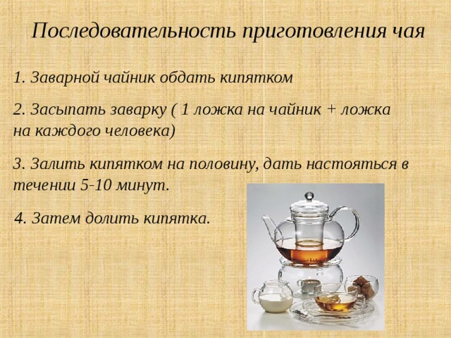 Последовательность приготовления чая 1. Заварной чайник обдать кипятком 2. Засыпать заварку ( 1 ложка на чайник + ложка на каждого человека) 3. Залить кипятком на половину, дать настояться в течении 5-10 минут. 4. Затем долить кипятка.