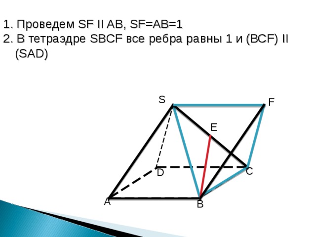 1. Проведем SF II AB , SF = AB =1 2. В тетраэдре SB С F все ребра равны 1 и (ВС F) II (SAD) S F E C D А B