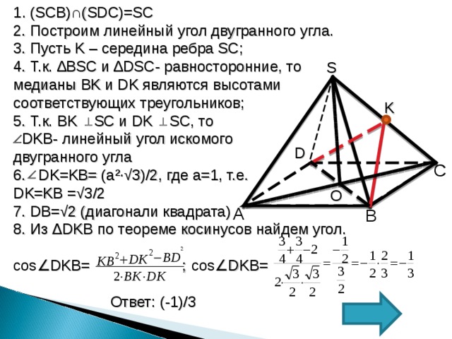 1 . (SCB)∩(SDC)=SC 2. Построим линейный угол двугранного угла. 3. Пусть K – середина ребра SC ; 4. Т.к. ∆BSC и ∆ DSC - равносторонние, то медианы BK и DK являются высотами соответствующих треугольников; 5. Т.к. BK    SC и DK  SC , то  DKB- линейный угол искомого двугранного угла 6. DK=KB= (a²∙√3)/2 , где а=1, т.е. DK=KB =√3/2 7. DB=√2 (диагонали квадрата) 8. Из ∆ DKB по теореме косинусов найдем угол. cos ∠ DKB= ; cos ∠ DKB=  Ответ: (-1)/3 S K D C O А B