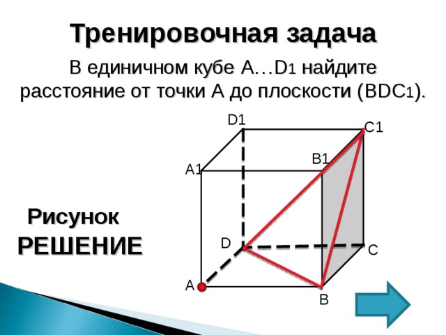 Тренировочная задача В единичном кубе A … D 1 найдите расстояние от точки А до плоскости ( BDC 1 ). D1 C1 B1 А 1 Рисунок РЕШЕНИЕ D С А В