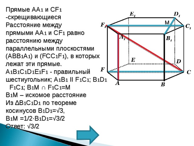 Прямые АА 1 и СF 1 -скрещивающиеся Расстояние между прямыми АА 1 и СF 1 равно расстоянию между параллельными плоскостями (АВВ 1 А 1 ) и (FCC 1 F 1 ), в которых лежат эти прямые. A 1 B 1 C 1 D 1 E 1 F 1  - правильный шестиугольник; A 1 B 1 II F 1 C 1 ; B 1 D 1  F 1 C 1 ; B 1 M ∩ F 1 C 1 =M B 1 M – искомое расстояние Из ∆ B 1 C 1 D 1  по теореме косинусов B 1 D 1 =√3, B 1 M =1/2∙B 1 D 1 =√3/2 Ответ: √3/2 M