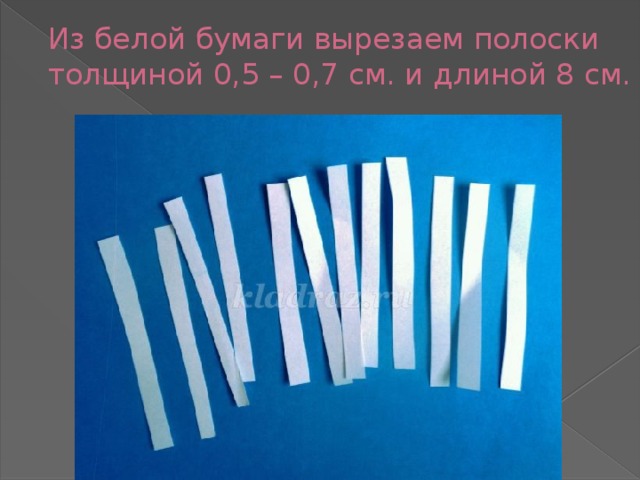 Из белой бумаги вырезаем полоски толщиной 0,5 – 0,7 см. и длиной 8 см.