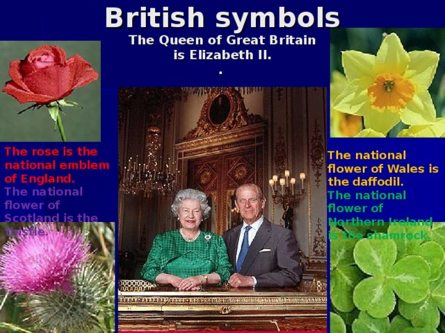 British symbols  The Queen of Great Britain  is Elizabeth II.  .                  The rose is the national emblem of England. The national flower of Scotland is  the thistle. The national flower of Wales is the daffodil. The national flower of Northern Ireland is the shamrock.