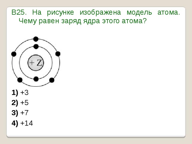 В25. На рисунке изображена модель атома. Чему равен заряд ядра этого атома?          1)  +3     2)  +5     3)  +7     4)  +14