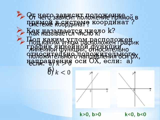 От чего зависит положение прямой в системе координат ? Как называется число k? Под каким углом расположен график линейной функции, относительно положительного направления оси ОХ, если: а)  