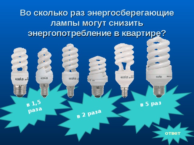 в 1,5 раза в 2 раза в 5 раз   Во сколько раз энергосберегающие лампы могут снизить энергопотребление в квартире?          ответ