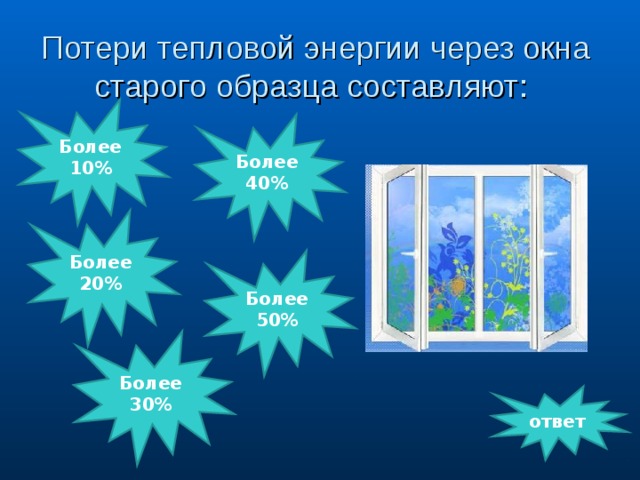 Потери тепловой энергии через окна старого образца составляют: Более 10% Более 40% Более 20% Более 50% Более 30% ответ