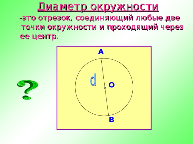 Диаметр окружности   -это отрезок, соединяющий любые две точки окружности и проходящий через ее центр. А О В