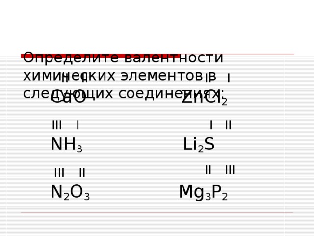 Определите валентности химических элементов в следующих соединениях:  С aO Zn С l 2  NH 3 Li 2 S  N 2 O 3 Mg 3 P 2 II II I II I III I II III II III II