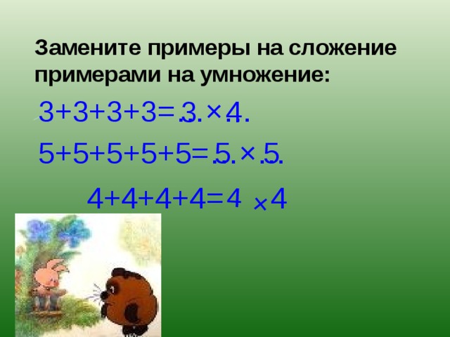 4 × Замените примеры на сложение примерами на умножение: 3+3+3+3=…×… 3 4 5+5+5+5+5=…×… 5 5 4+4+4+4= 4