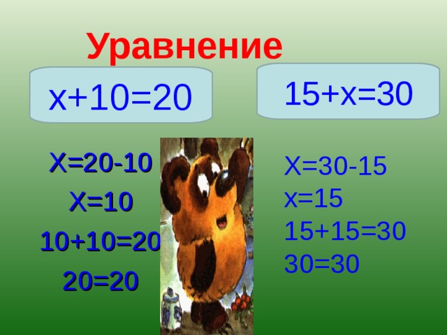 Уравнение 15+ x =30 x +10=20 X =20-10 X =10 10+10=20 20=20 X=30-15 x=15 15+15=30 30=30