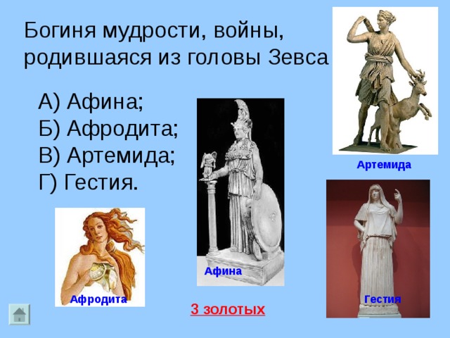Богиня мудрости, войны, родившаяся из головы Зевса А) Афина; Б) Афродита; В) Артемида; Г) Гестия. Артемида Афина Афродита Гестия 3 золотых