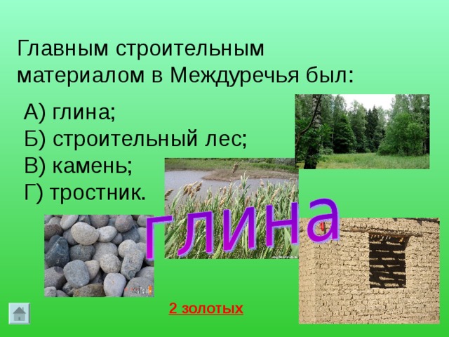 Главным строительным материалом в Междуречья был: А) глина; Б) строительный лес; В) камень; Г) тростник. 2 золотых