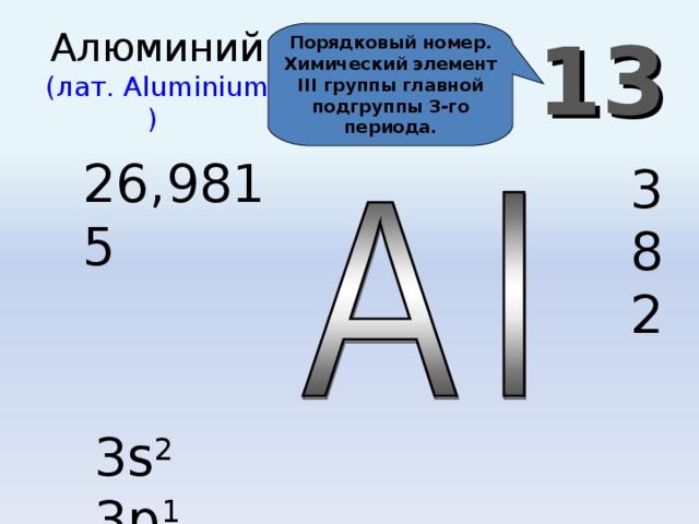 13 Алюминий  (лат. Aluminium )  Порядковый номер. Химический элемент III группы главной подгруппы 3-го периода. 26,9815 3 8 2 3s 2 3p 1