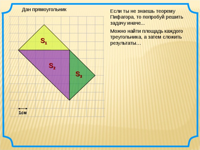 Дан прямоугольник Если ты не знаешь теорему Пифагора, то попробуй решить задачу иначе... Можно найти площадь каждого треугольника, а затем сложить результаты… S 1 S 2 S 3 1см