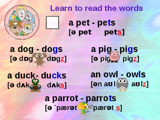 Learn to read the words a pet - pe t s [ ə pet pet s ] сущ. a dog - do g s a pig - pi g s [ə dɒg dɒg z ] [ə pig pig z ] an owl - ow l s [ən aʊl aʊl z ] a duck- du ck s [ə dʌk dʌk s ] Белый квадратик служит для обозначения имени существительного a parrot - parro t s [ə `pærət `pærət  s ]