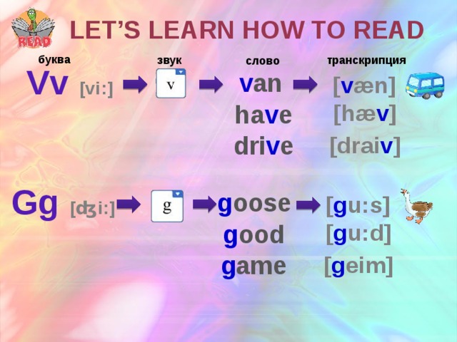 Let’s learn how to read буква звук транскрипция слово Vv [vi:]  v an [ v æn]    [hæ v ]  ha v e  dri v e [drai v ] Gg [ʤi:]  g oose [ g u:s]    g ood [ g u:d] g ame [ g eim]