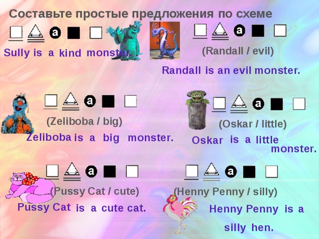 Составьте простые предложения по схеме (Randall / evil) monster. Sully a is kind monster. Randall evil is an (Zeliboba / big) (Oskar / little) Zeliboba monster. a is big is a little Oskar monster. (Pussy Cat / cute) (Henny Penny / silly) Pussy Cat a is cat. cute Henny Penny is a silly hen.