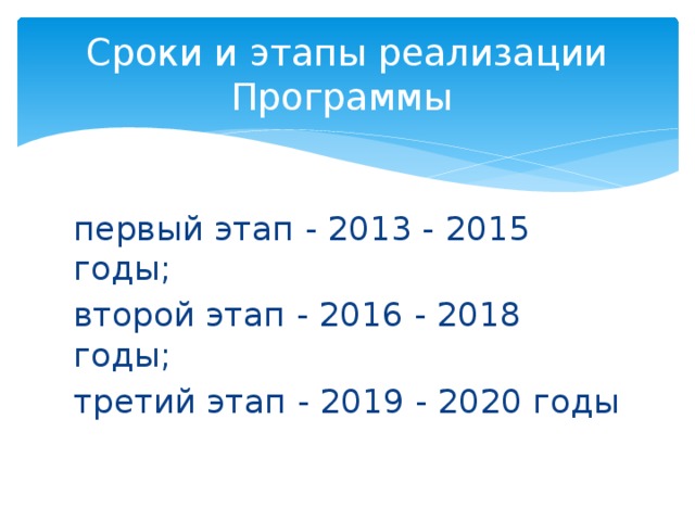Сроки и этапы реализации Программы первый этап - 2013 - 2015 годы; второй этап - 2016 - 2018 годы; третий этап - 2019 - 2020 годы