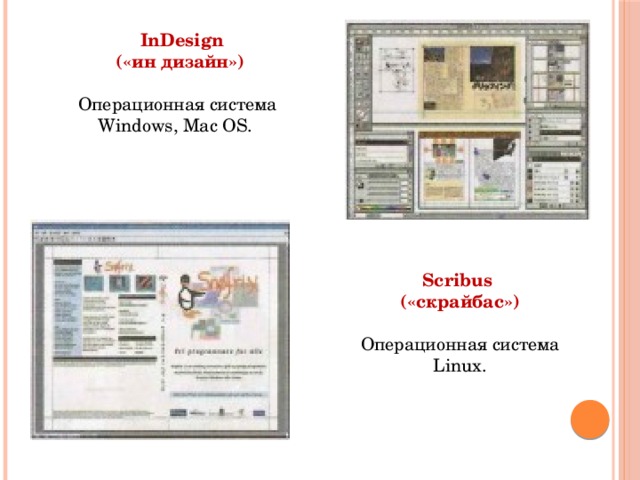    InDesign  («ин дизайн»)   Операционная система Windows, Mac OS.  Scribus («скрайбас») Операционная система Linux.