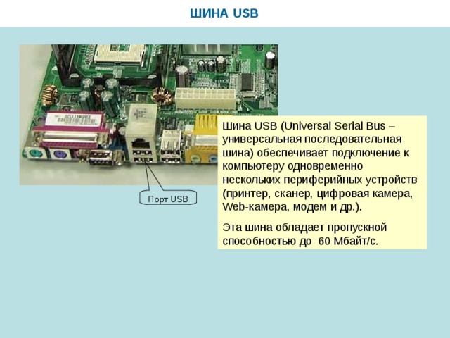 Порт USB ШИНА USB Шина USB (Universal Serial Bus – универсальная последовательная шина ) обеспечивает подключение к компьютеру одновременно нескольких периферийных устройств (принтер, сканер, цифровая камера, Web- камера, модем и др.). Эта шина обладает пропускной способностью до 60 Мбайт/с.