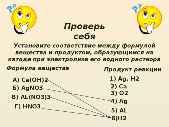 Проверь себя Установите соответствие между формулой вещества и продуктом, образующимся на катоде при электролизе его водного раствора Формула вещества Продукт реакции  1) Ag, H2 А) Ca(OH)2 2) Ca Б) AgNO3 3) O2 В) AL(NO3)3 4) Ag Г) HNO3 5) AL 6)H2