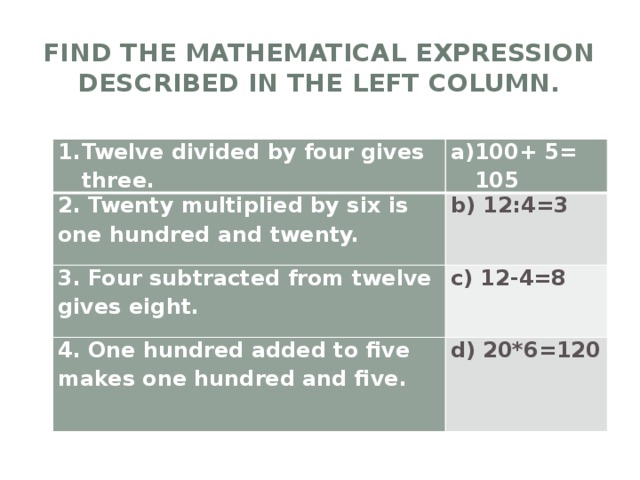 Find the mathematical expression described in the left column.   Twelve divided by four gives three. 100+ 5= 105 2. Twenty multiplied by six is one hundred and twenty. b) 12:4=3 3. Four subtracted from twelve gives eight. c) 12-4=8 4. One hundred added to five makes one hundred and five. d) 20*6=120