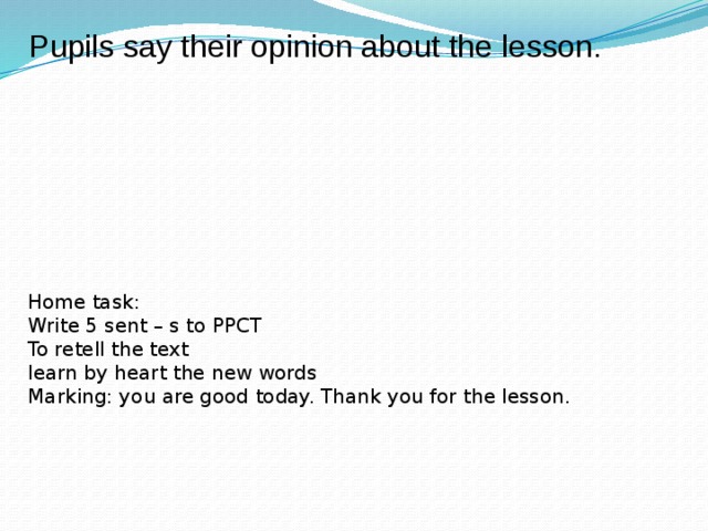 Pupils say their opinion about the lesson.         Home task:  Write 5 sent – s to PPCT  To retell the text  learn by heart the new words  Marking: you are good today. Thank you for the lesson.