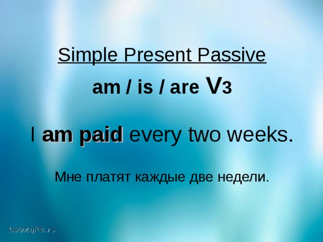 Simple Present Passive  am / is / are  V 3  I am paid every two weeks. Мне платят каждые две недели.