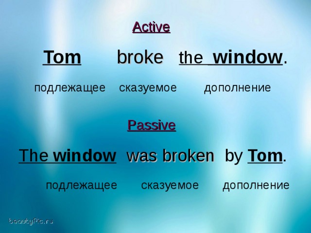 Active    Tom    broke   the   window . подлежащее сказуемое дополнение Passive   The window   was broken   by Tom .   подлежащее  сказуемое дополнение