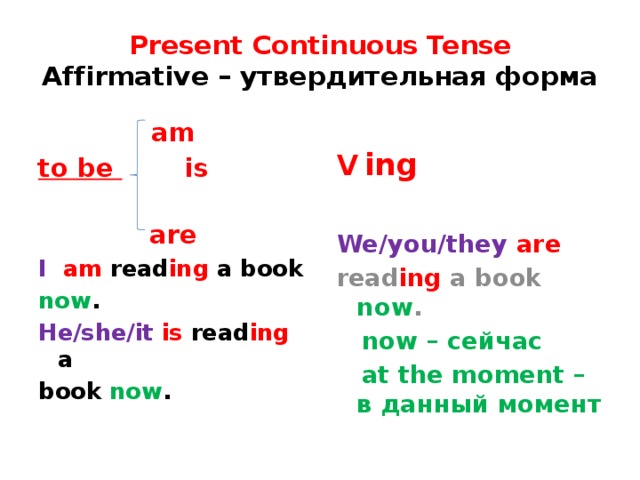 Present  Continuous  Tense  Affirmative – утвердительная форма V  ing  We/you/they  are read ing a book now .  now – сейчас  at the moment – в данный момент   am to be is are I  am read ing a book now . He/she/it  is read ing a book now .